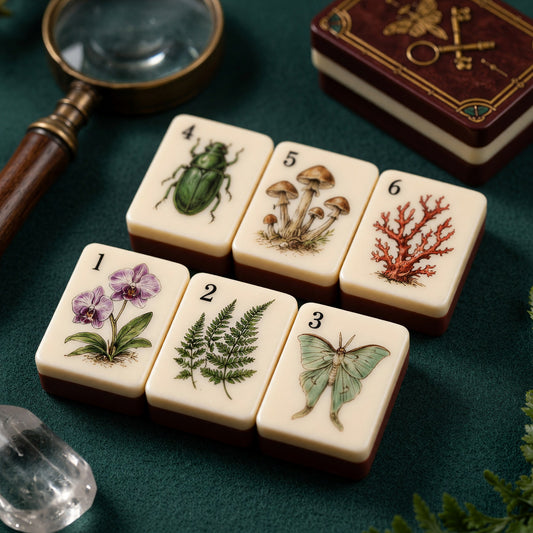 Traditional Mahjong Tiles Set – Vintage-Style Keys Insects Ivory Dark – main product photo