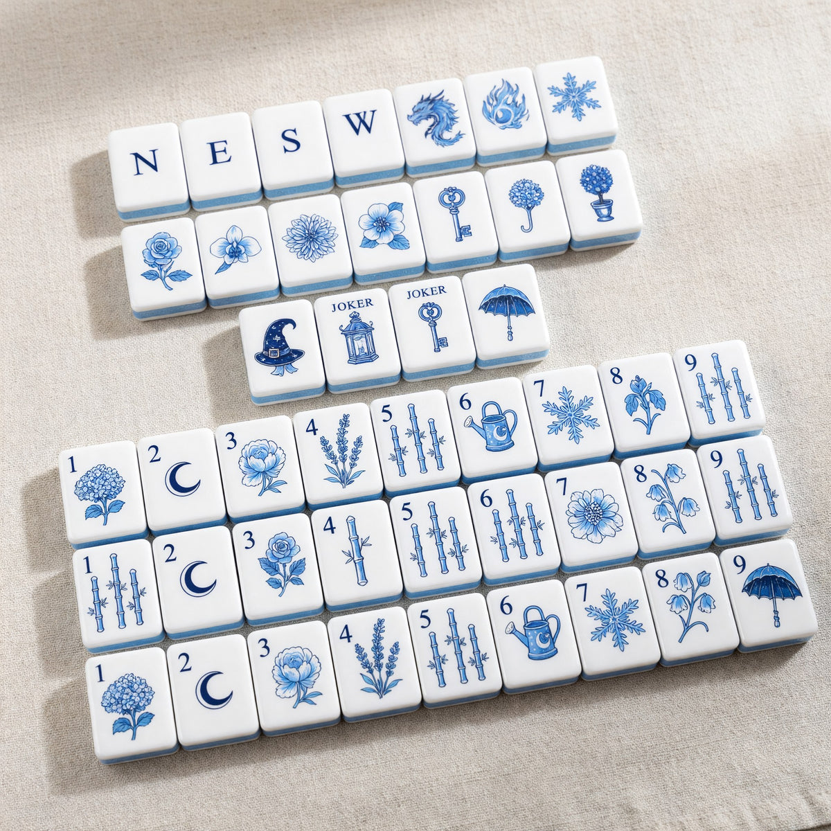 Celestial Mahjong Tiles Set – Blue White Moon Star – full tile set overview
