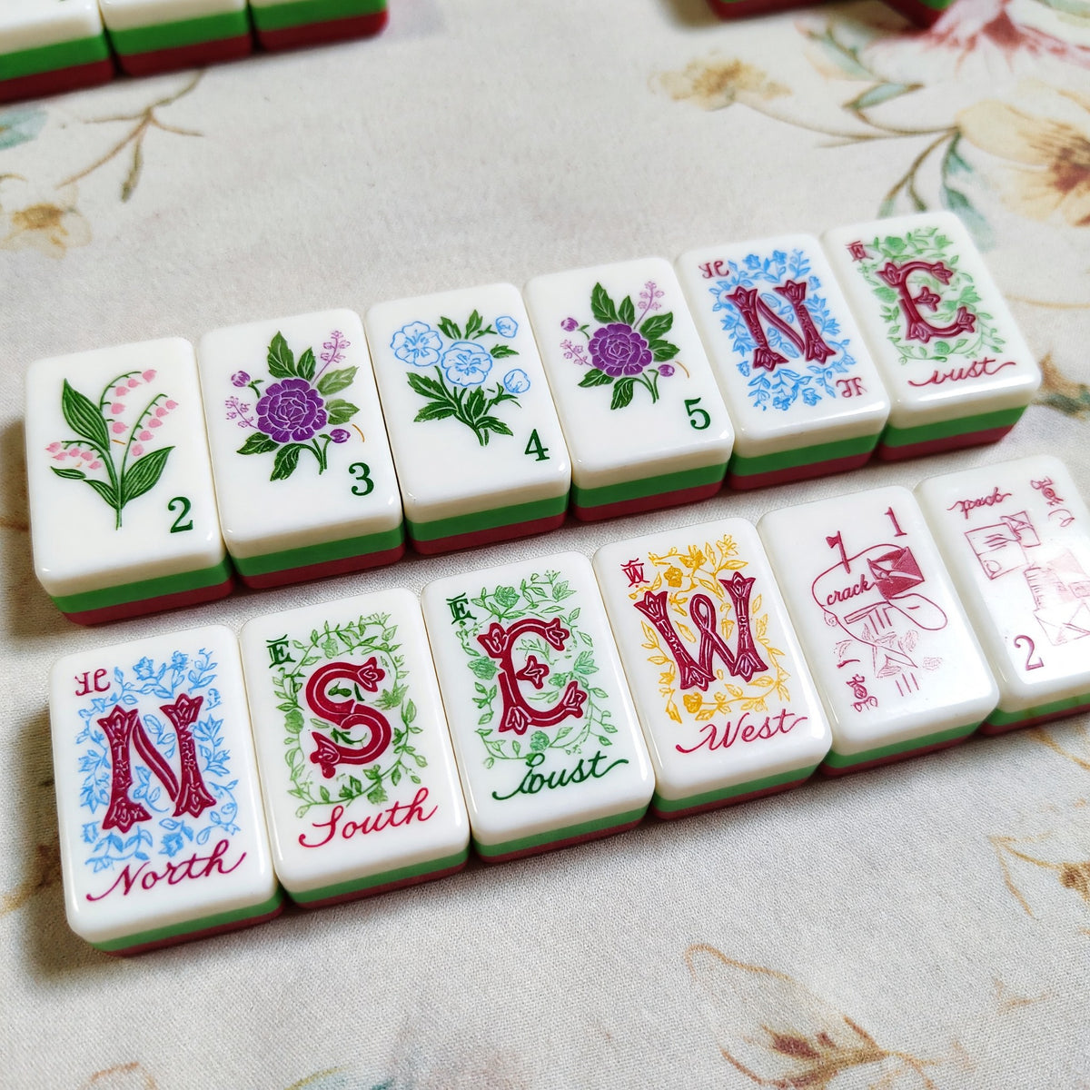 Floral Mahjong Tiles Set – Nature Green Purple – full tile set overview