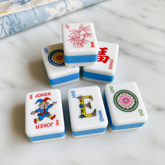 Floral Mahjong Tiles Set – Blue Stripe Bird Flower – main product photo