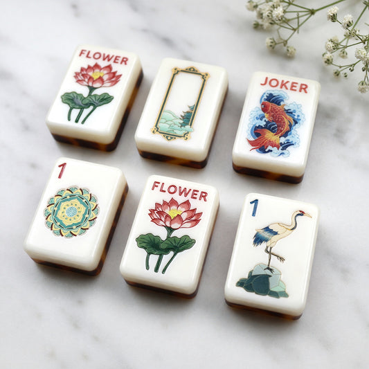 Traditional Mahjong Tiles Set – Lotus Crane Koi Pagoda Tortoiseshell – main product photo