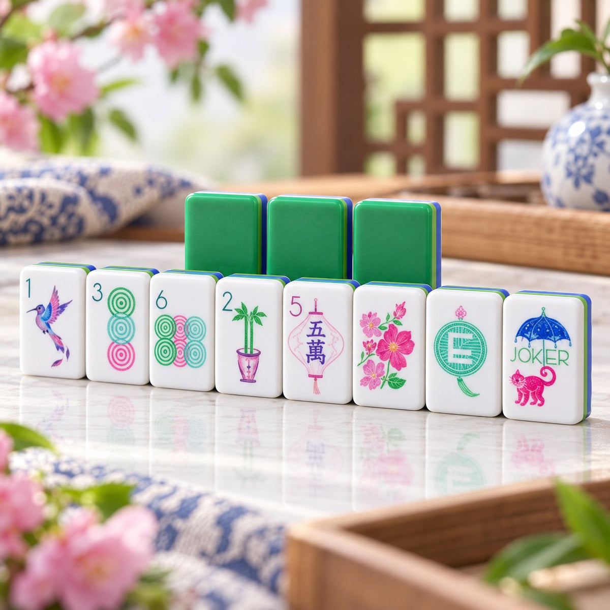 Floral Feline Pink Flowers Blue mahjong tile set in white, green, blue, pink, purple and teal