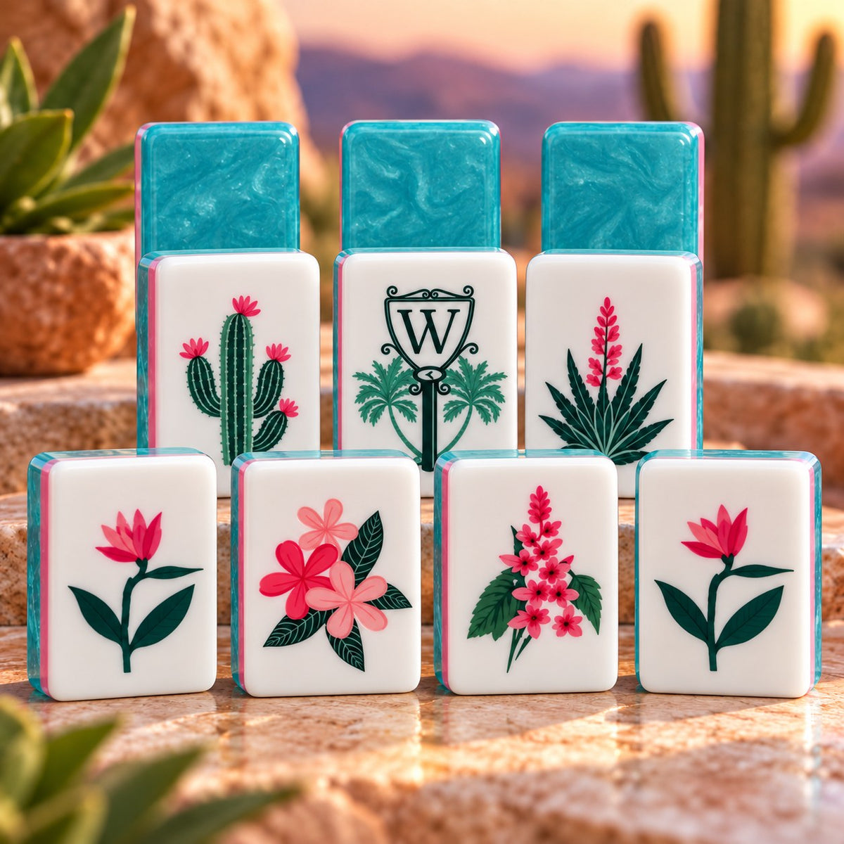 Floral Pink Flower Turquoise mahjong tile set in white, turquoise, pink, green and red