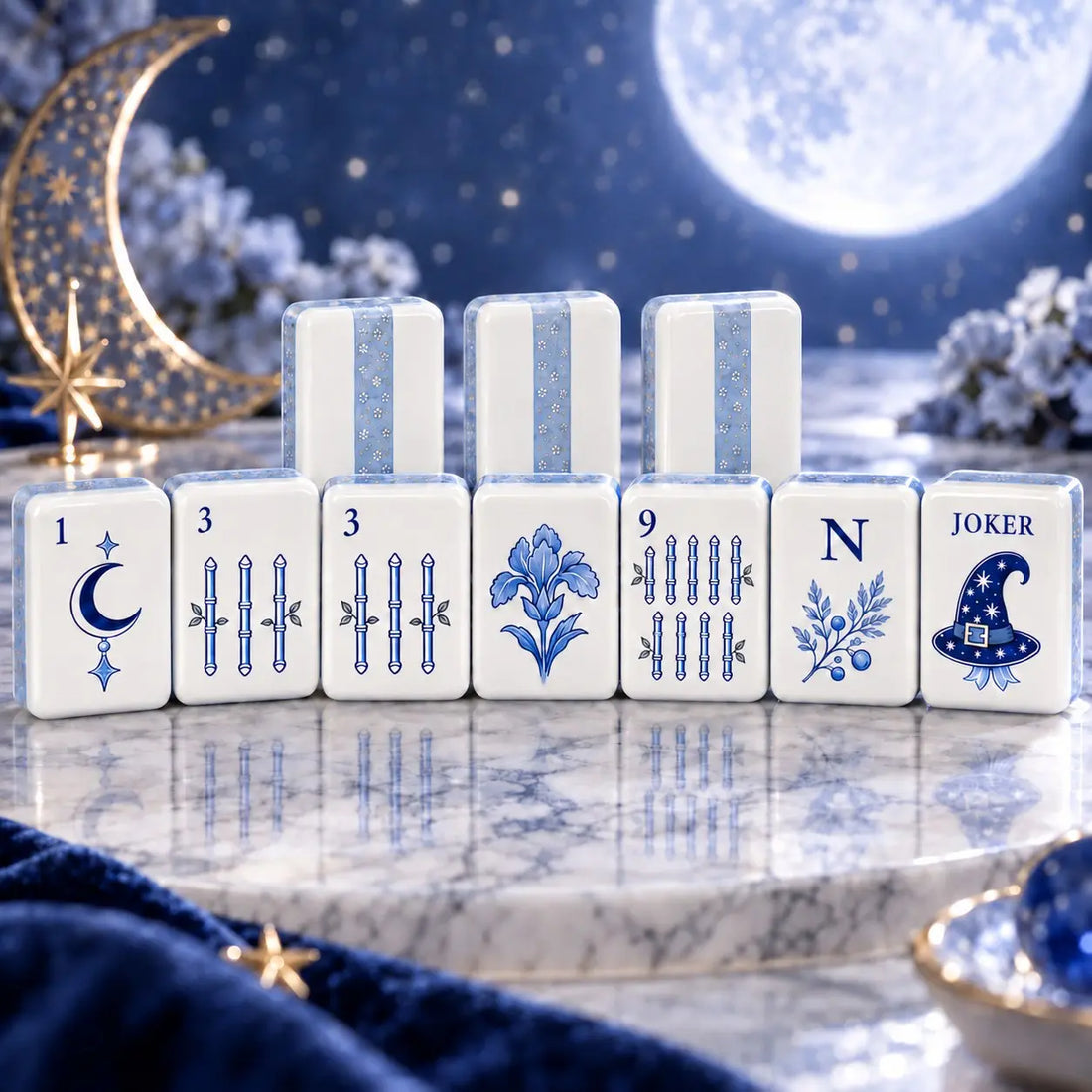 Celestial blue and white moon and star tiles, a restrained premium mahjong set design