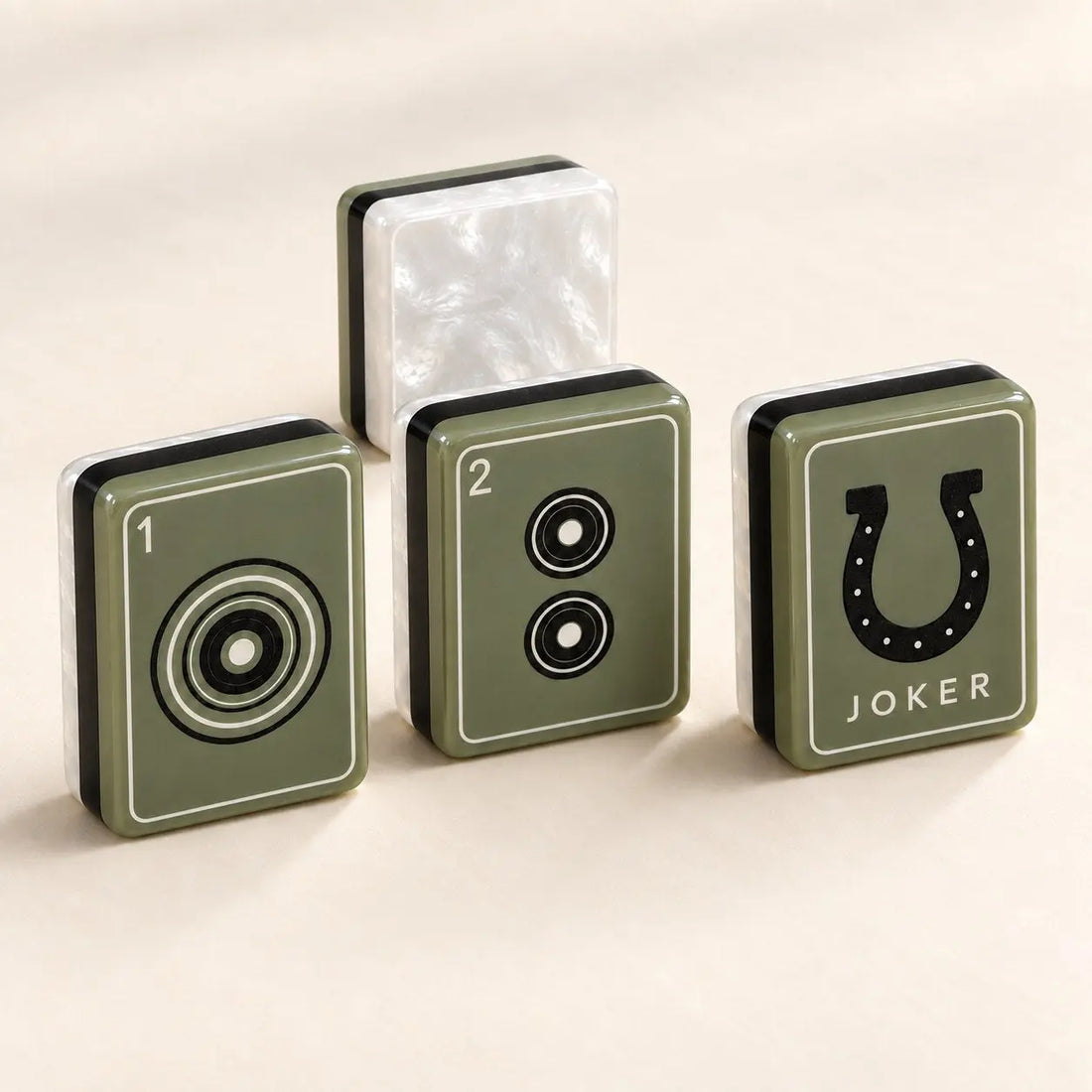 Olive green botanical American set with pearl accents, a calm example of mah jongg tiles for card play