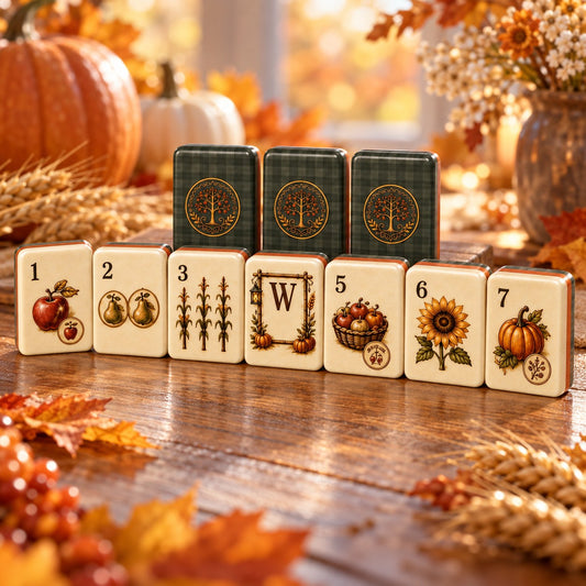 Autumn harvest mahjong tiles with pumpkins and sunflowers set out for a mahjong Thanksgiving table