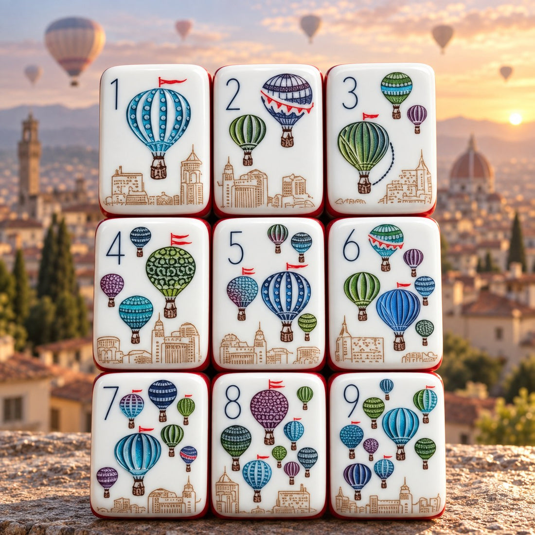 Hot air balloon and cityscape mahjong tiles, a full-size alternative to a travel mah jongg set for vacation rentals