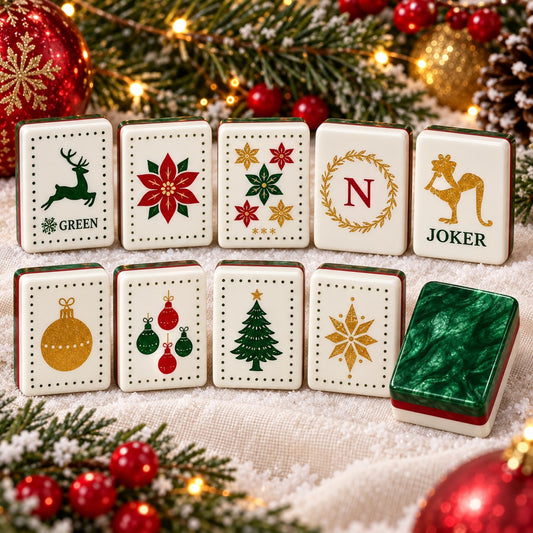 Christmas tile set with reindeer, snowflakes, poinsettias and trees, festive Christmas mahjong tiles