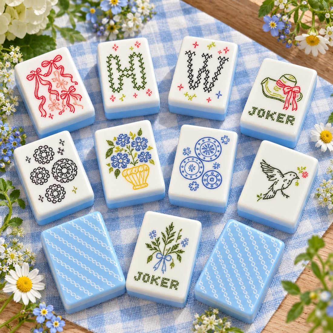 Sky blue floral mahjong tiles on a table, the real pieces behind the mahjong board game label