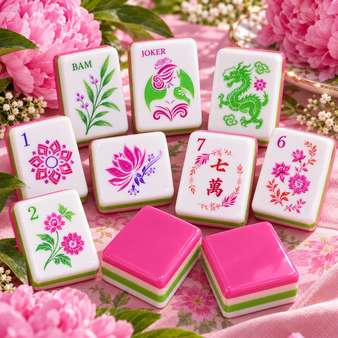 Pink Floral Botanical Flower Garden mahjong set, a mahjong set pink from the jokers to the dragons