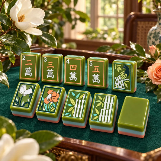 Green botanical tiles with English-labeled honors, an English mahjong set option for UK learners