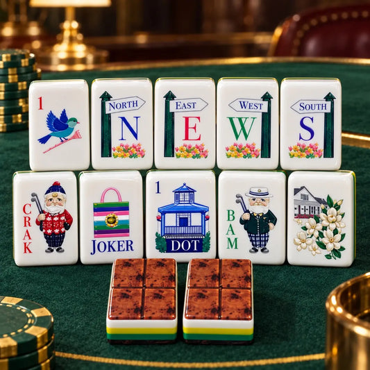 Green casino card suit tiles with joker artwork, the centerpiece of a portable mahjong kit