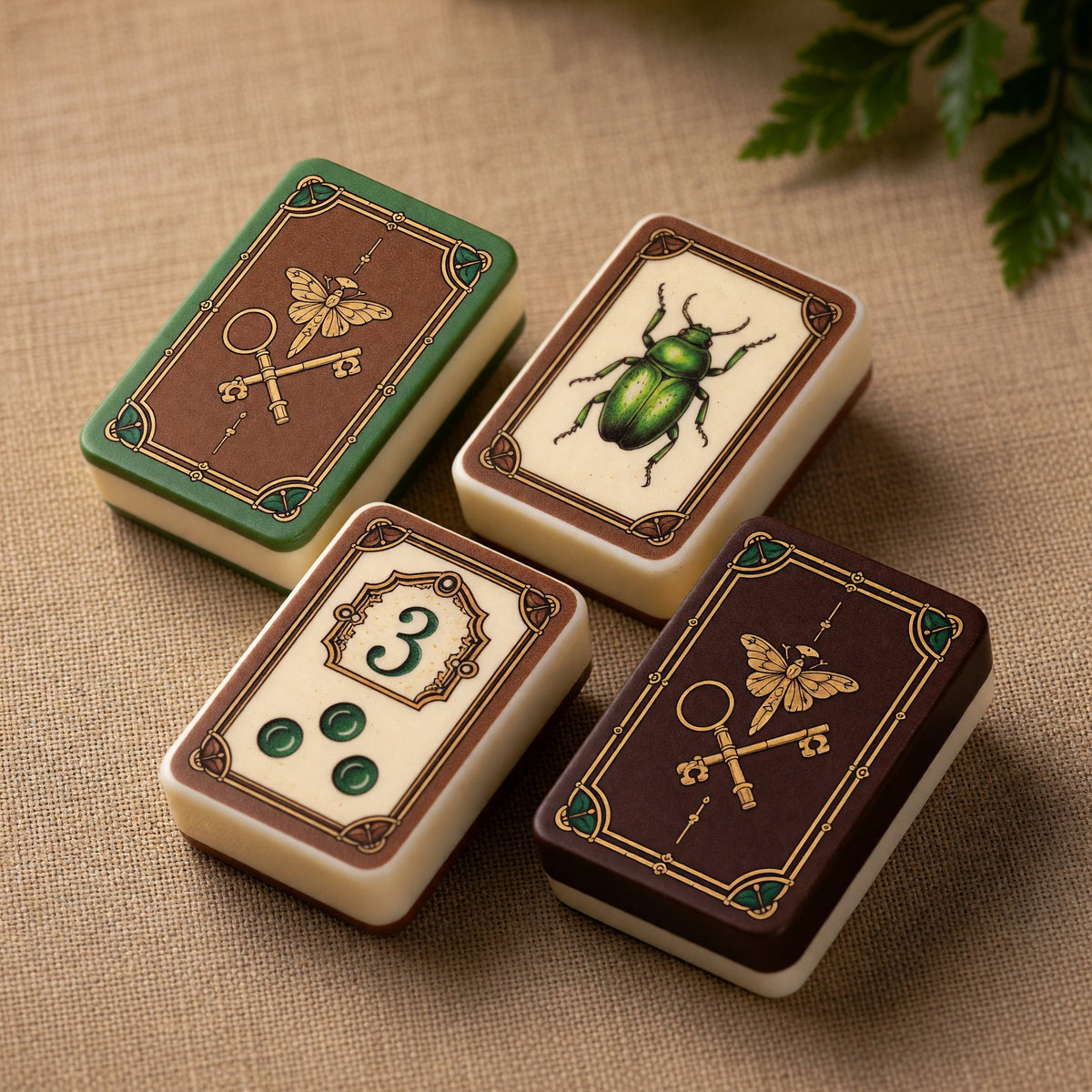 Traditional Mahjong Tiles Set – Vintage-Style Keys Insects Ivory Dark – close-up tile detail