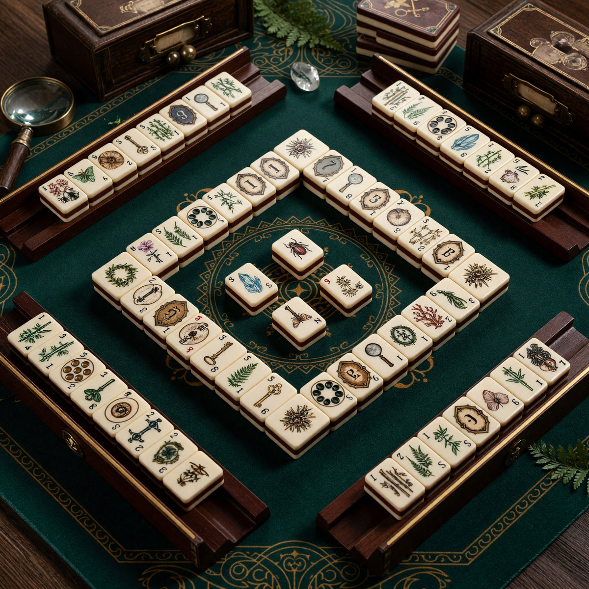 Traditional Mahjong Tiles Set – Vintage-Style Keys Insects Ivory Dark – tiles on game table