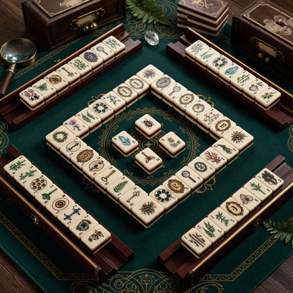 Traditional Mahjong Tiles Set – Vintage-Style Keys Insects Ivory Dark – tiles on game table
