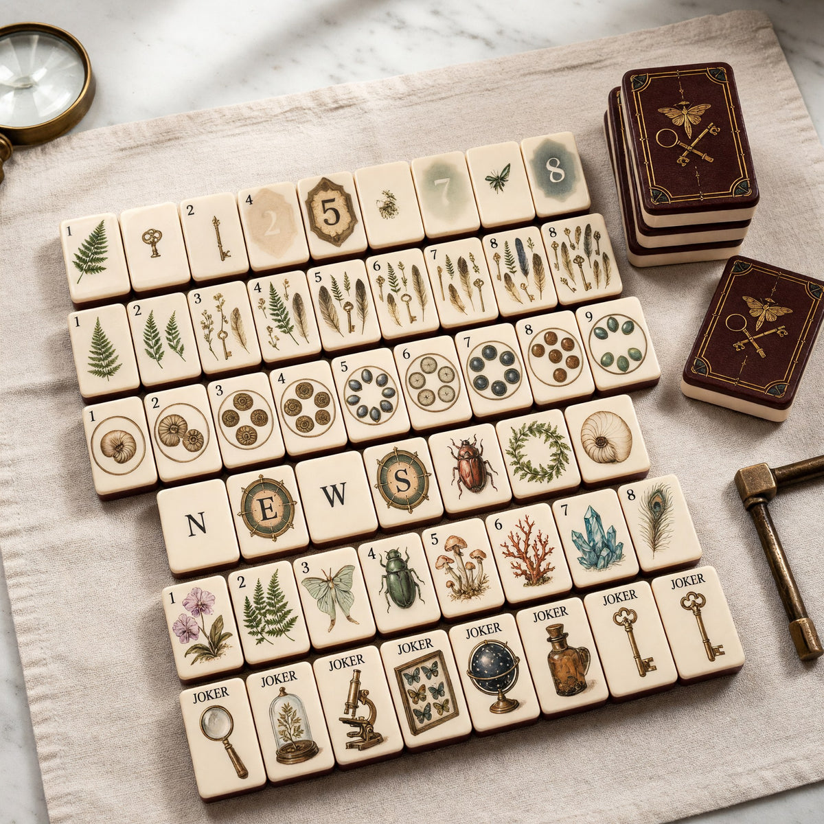 Traditional Mahjong Tiles Set – Vintage-Style Keys Insects Ivory Dark – full tile set overview