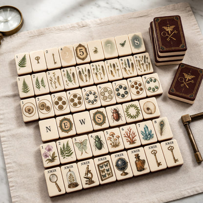 Traditional Mahjong Tiles Set – Vintage-Style Keys Insects Ivory Dark – full tile set overview