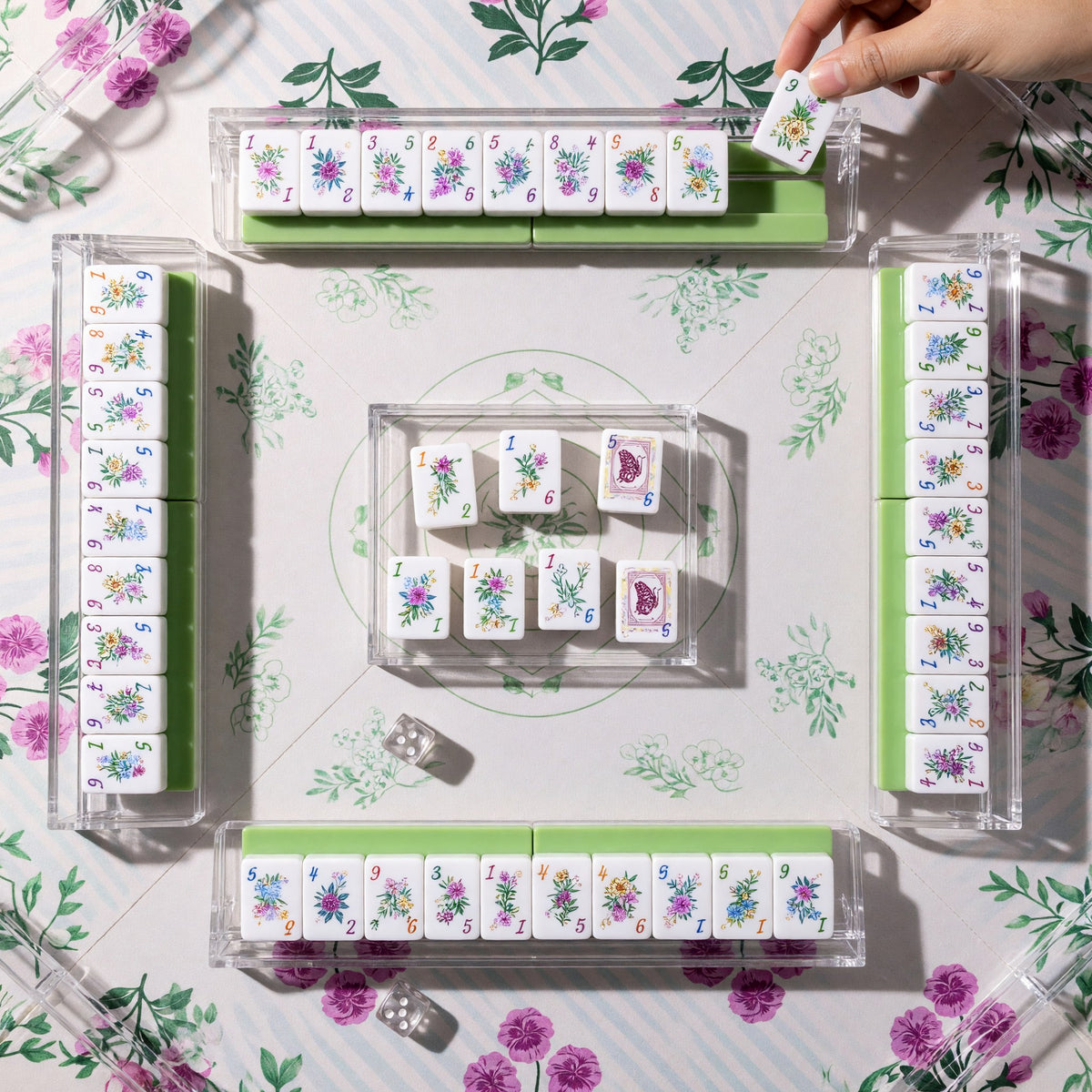 Floral Mahjong Tiles Set – Red Green Letter Envelope – tiles on game table