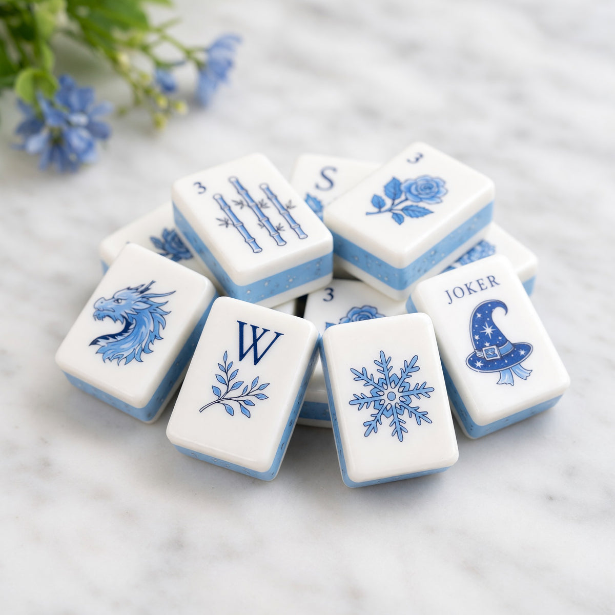 Celestial Mahjong Tiles Set – Blue White Moon Star – main product photo