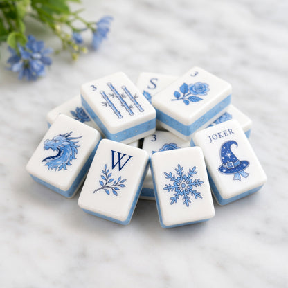 Celestial Mahjong Tiles Set – Blue White Moon Star – main product photo
