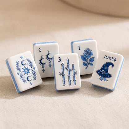 Celestial Mahjong Tiles Set – Blue White Moon Star – close-up tile detail