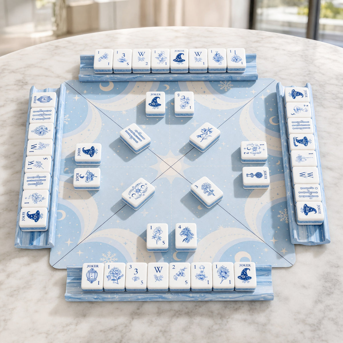 Celestial Mahjong Tiles Set – Blue White Moon Star – tiles on game table