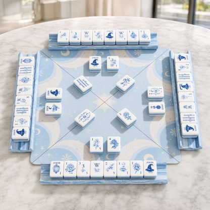 Celestial Mahjong Tiles Set – Blue White Moon Star – tiles on game table