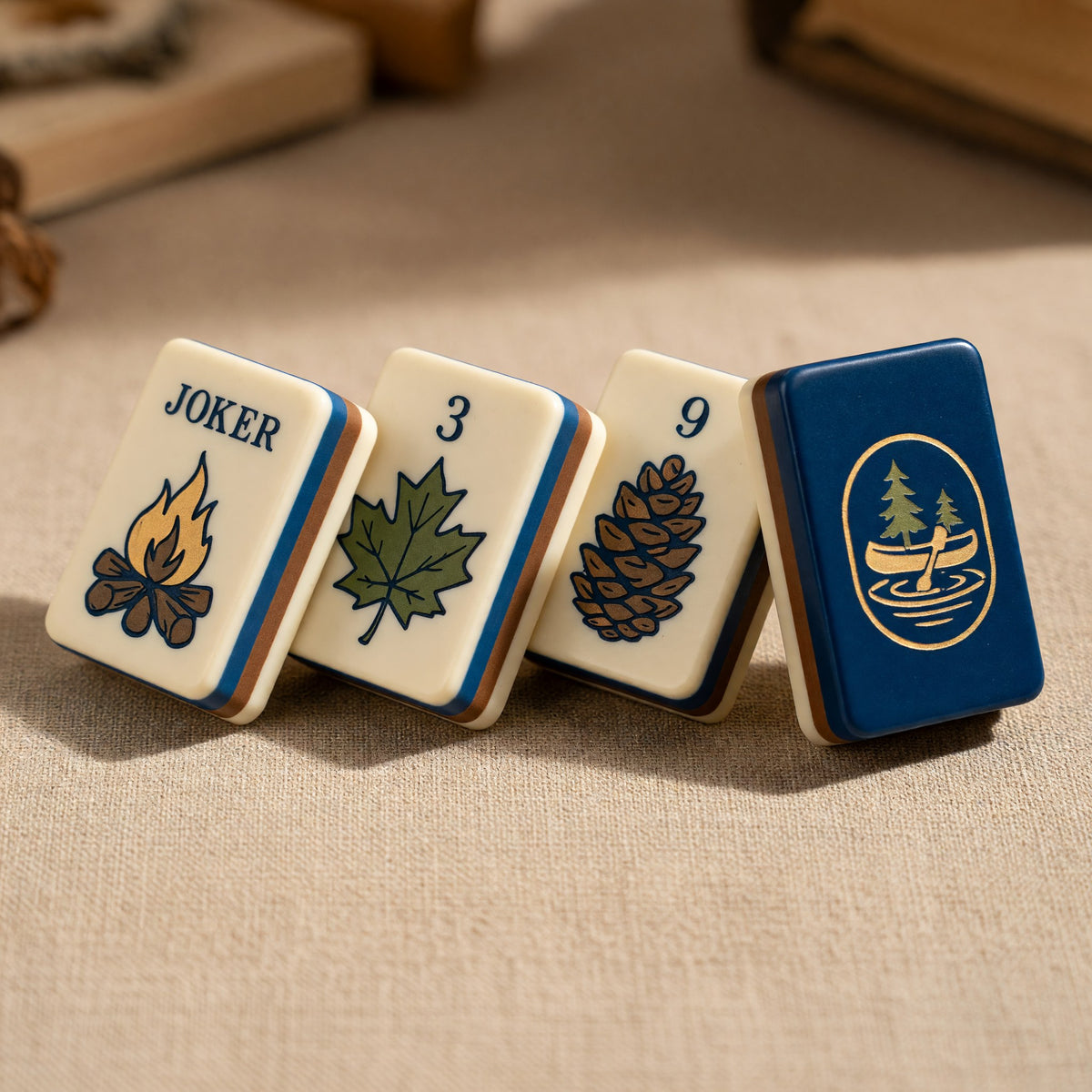 American Mahjong Set – Camping Nature Campfire Jokers Outdoor – close-up tile detail