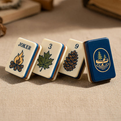 American Mahjong Set – Camping Nature Campfire Jokers Outdoor – close-up tile detail