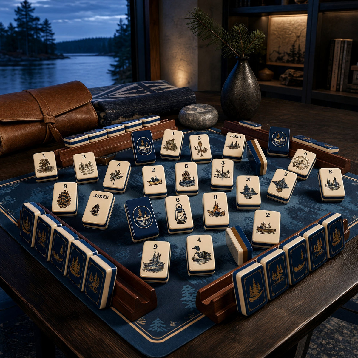 American Mahjong Set – Camping Nature Campfire Jokers Outdoor – tiles on game table