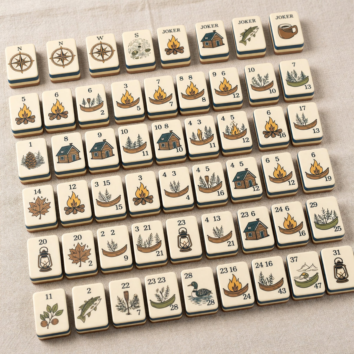 American Mahjong Set – Camping Nature Campfire Jokers Outdoor – full tile set overview