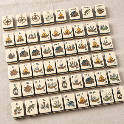 American Mahjong Set – Camping Nature Campfire Jokers Outdoor – full tile set overview