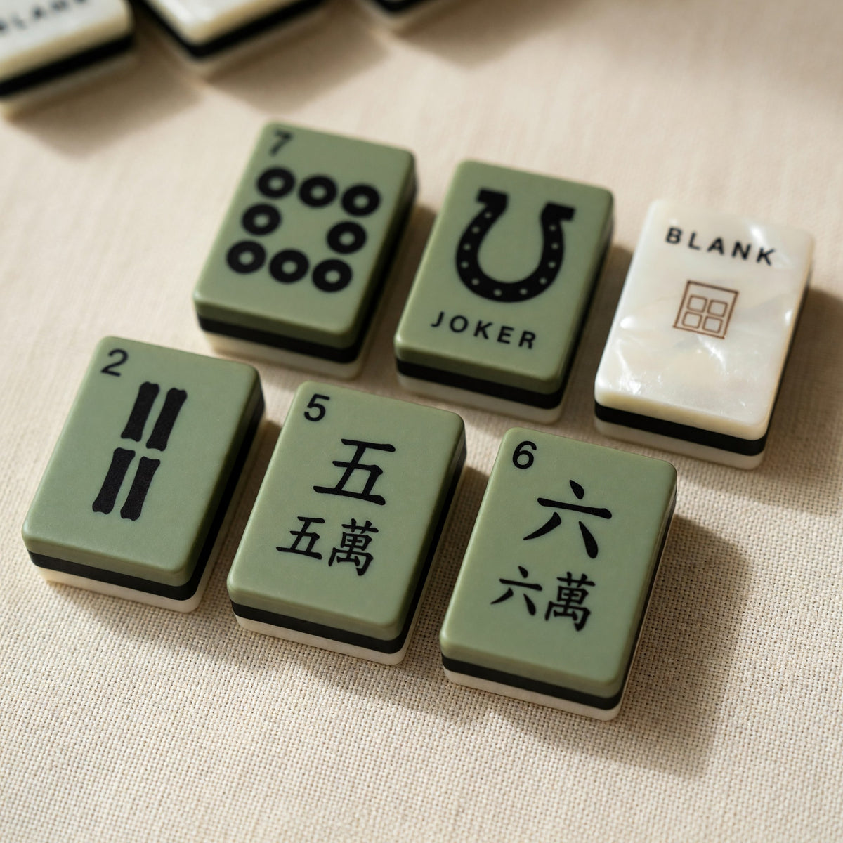 Floral Mahjong Tiles Set – Olive Green Botanical Pearl – close-up tile detail