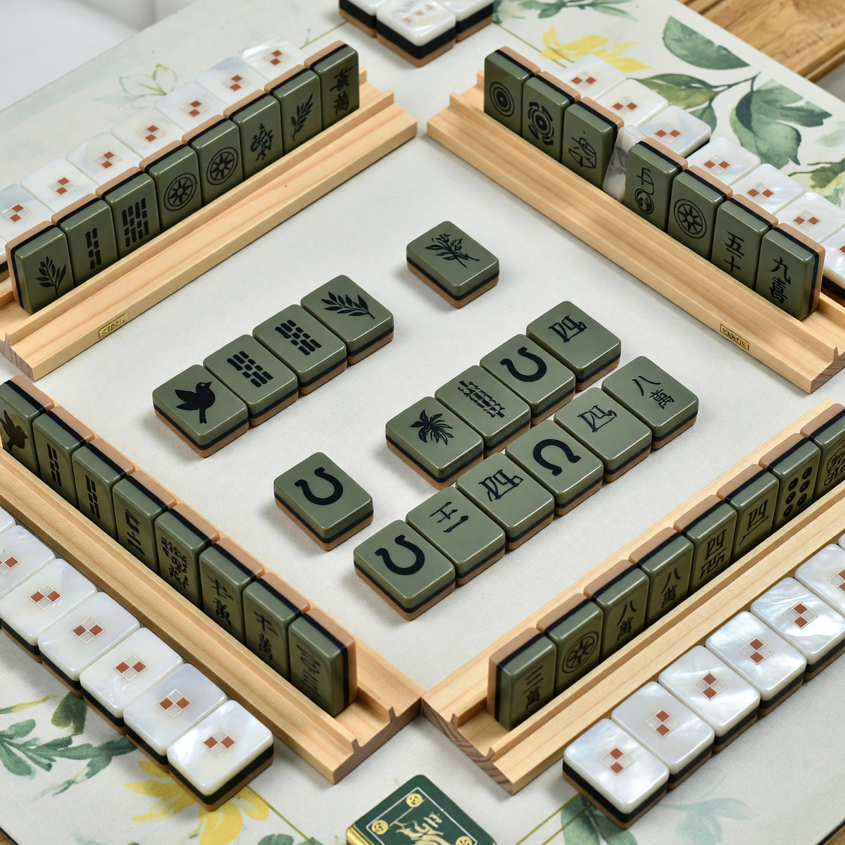 Floral Mahjong Tiles Set – Olive Green Botanical Pearl – tiles on game table