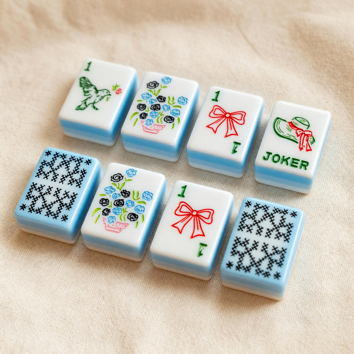 Pink Mahjong Set – Pastel Floral Vase Blue – full tile set overview