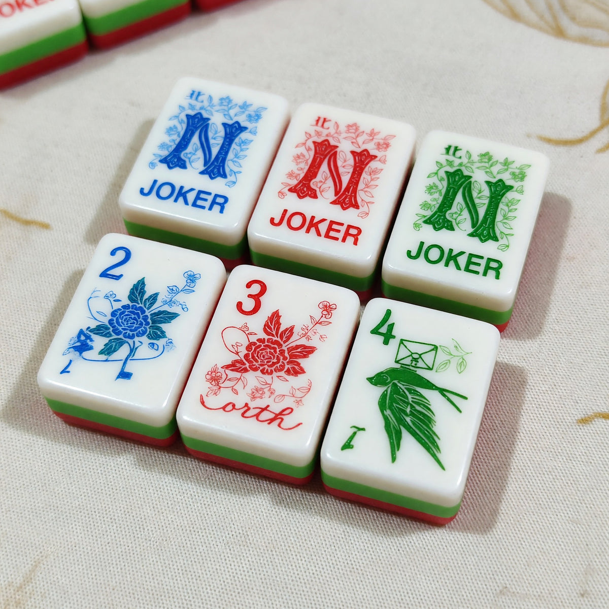 Floral Mahjong Tiles Set – Nature Green Purple – close-up tile detail