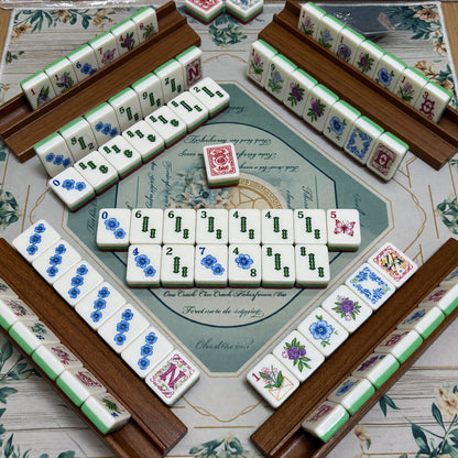 Floral Mahjong Tiles Set – Nature Green Purple – tiles on game table