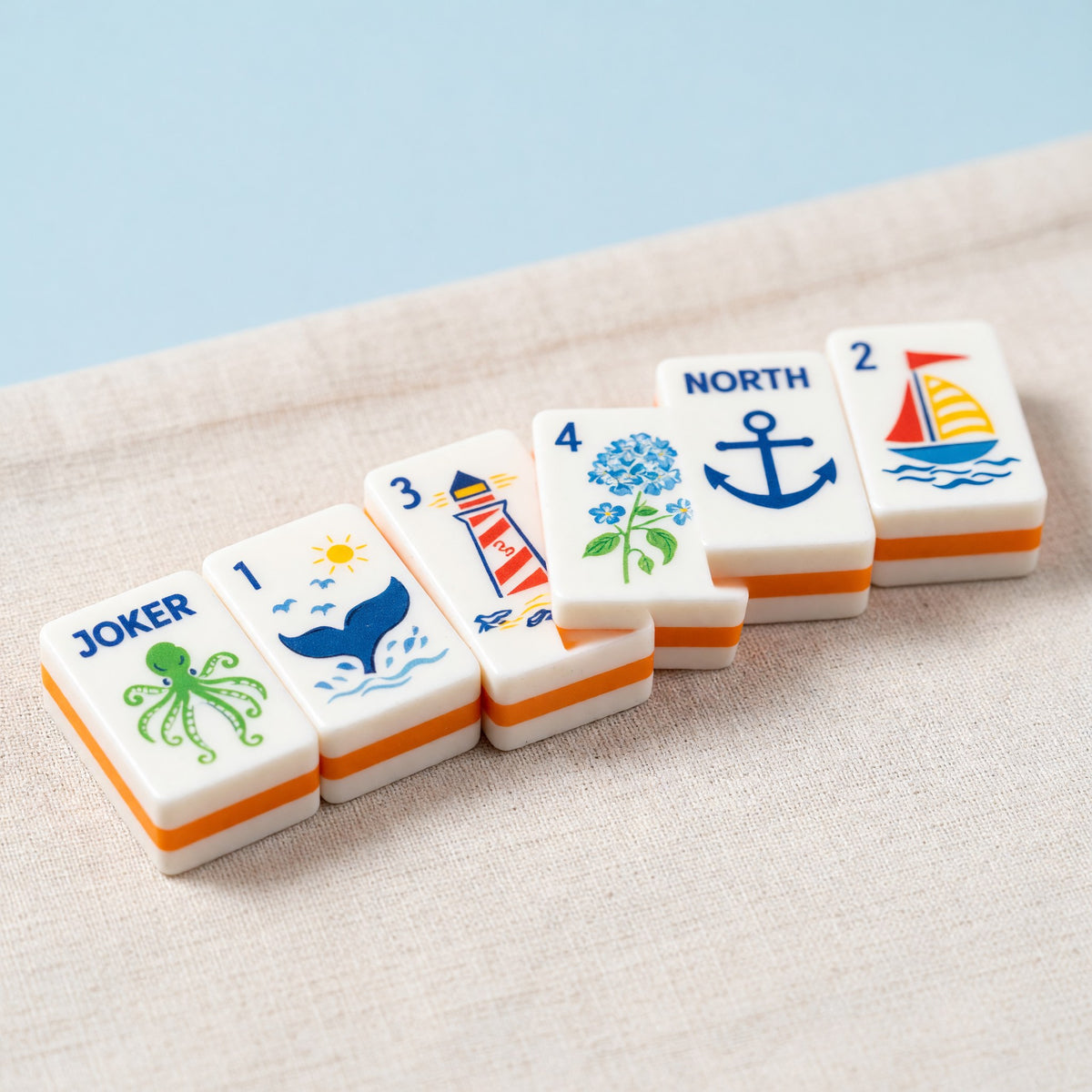 Coastal Mahjong Tiles Set – Nautical Sailboats Whales Lighthouses Anchors – main product photo