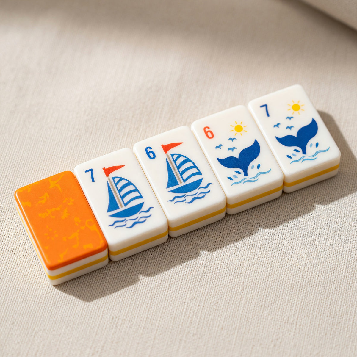Coastal Mahjong Tiles Set – Nautical Sailboats Whales Lighthouses Anchors – close-up tile detail