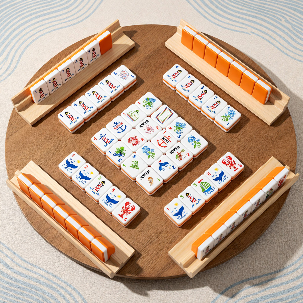 Coastal Mahjong Tiles Set – Nautical Sailboats Whales Lighthouses Anchors – tiles on game table