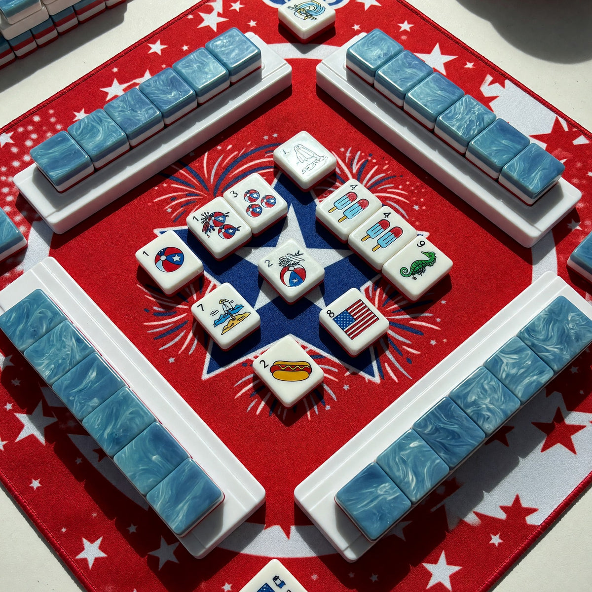 Patriotic Mahjong Tiles Set – Fireworks Stars Flag – tiles on game table