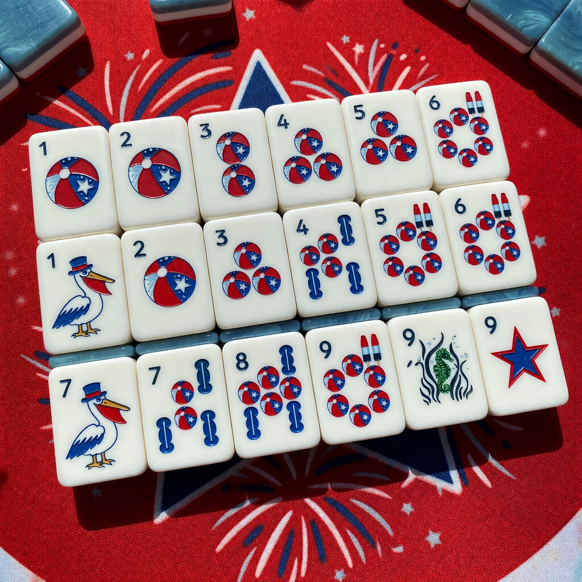 Patriotic Mahjong Tiles Set – Fireworks Stars Flag – full tile set overview