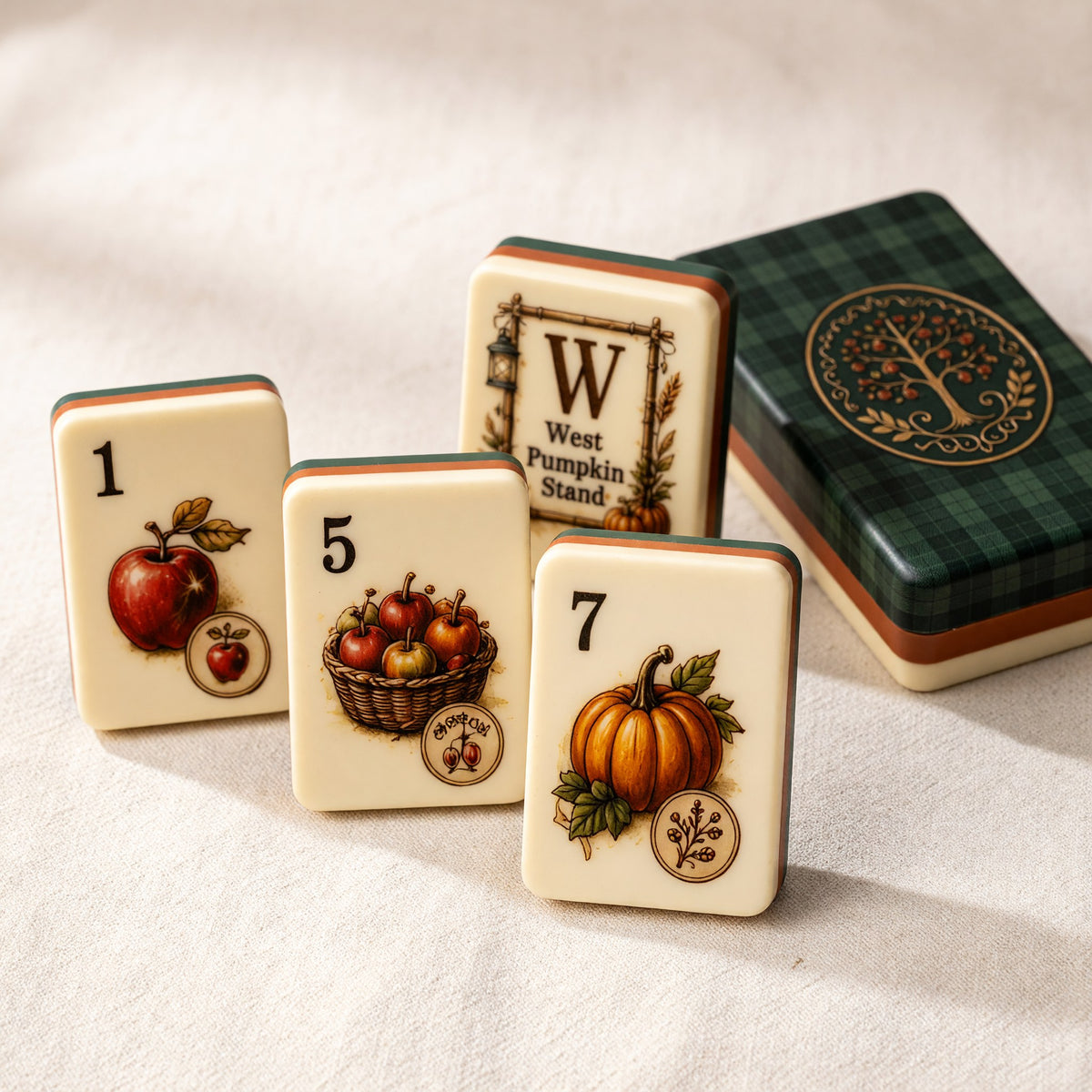 Fall Mahjong Tiles Set – Autumn Harvest Pumpkin Sunflower – close-up tile detail