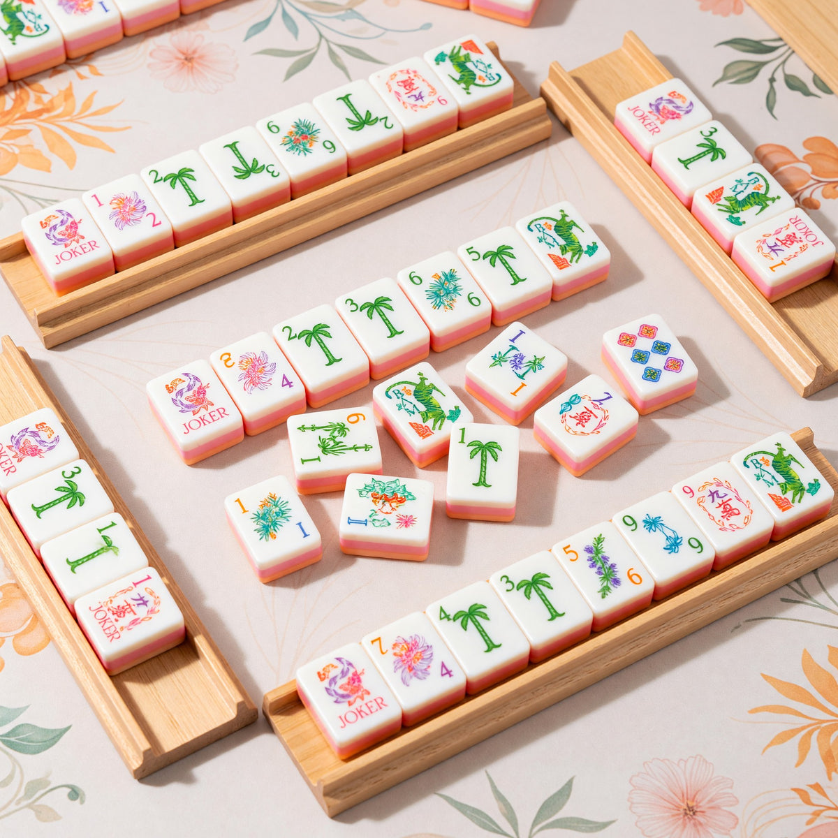Pink Mahjong Set – Botanical Floral Gradient Green – tiles on game table