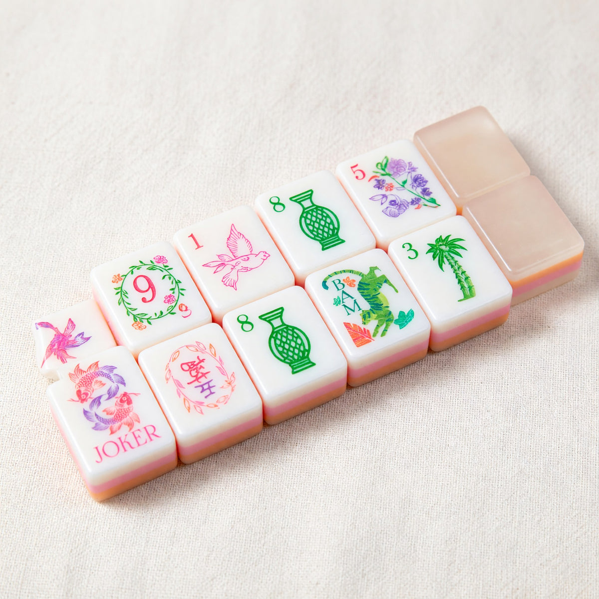 Pink Mahjong Set – Botanical Floral Gradient Green – full tile set overview