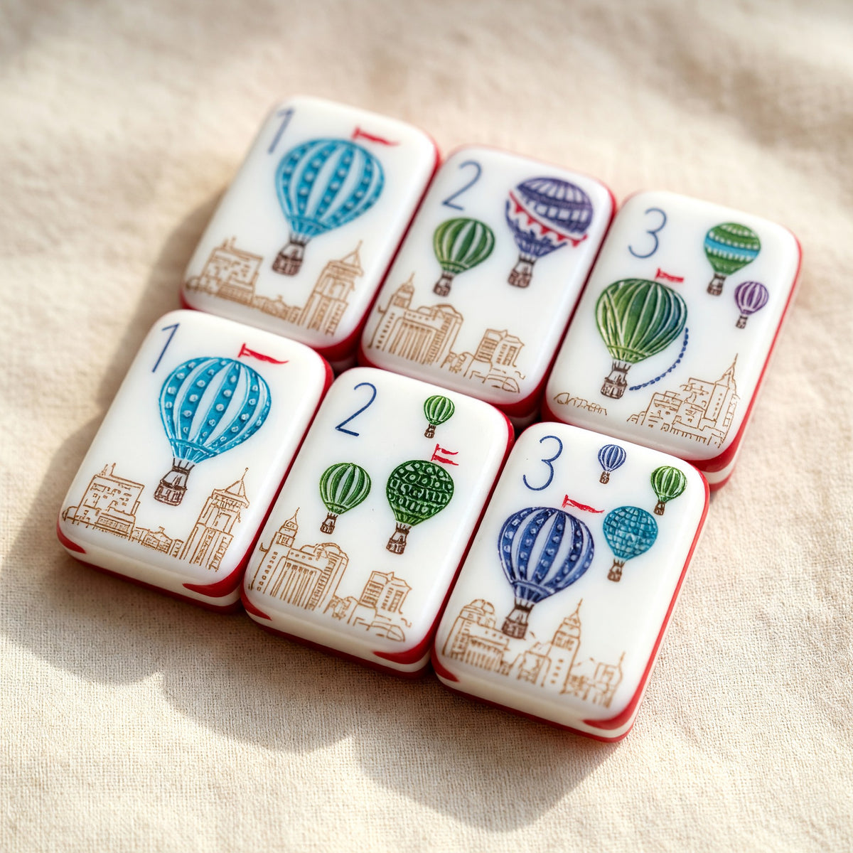 American Mahjong Set – Hot Air Balloon Cityscape – close-up tile detail
