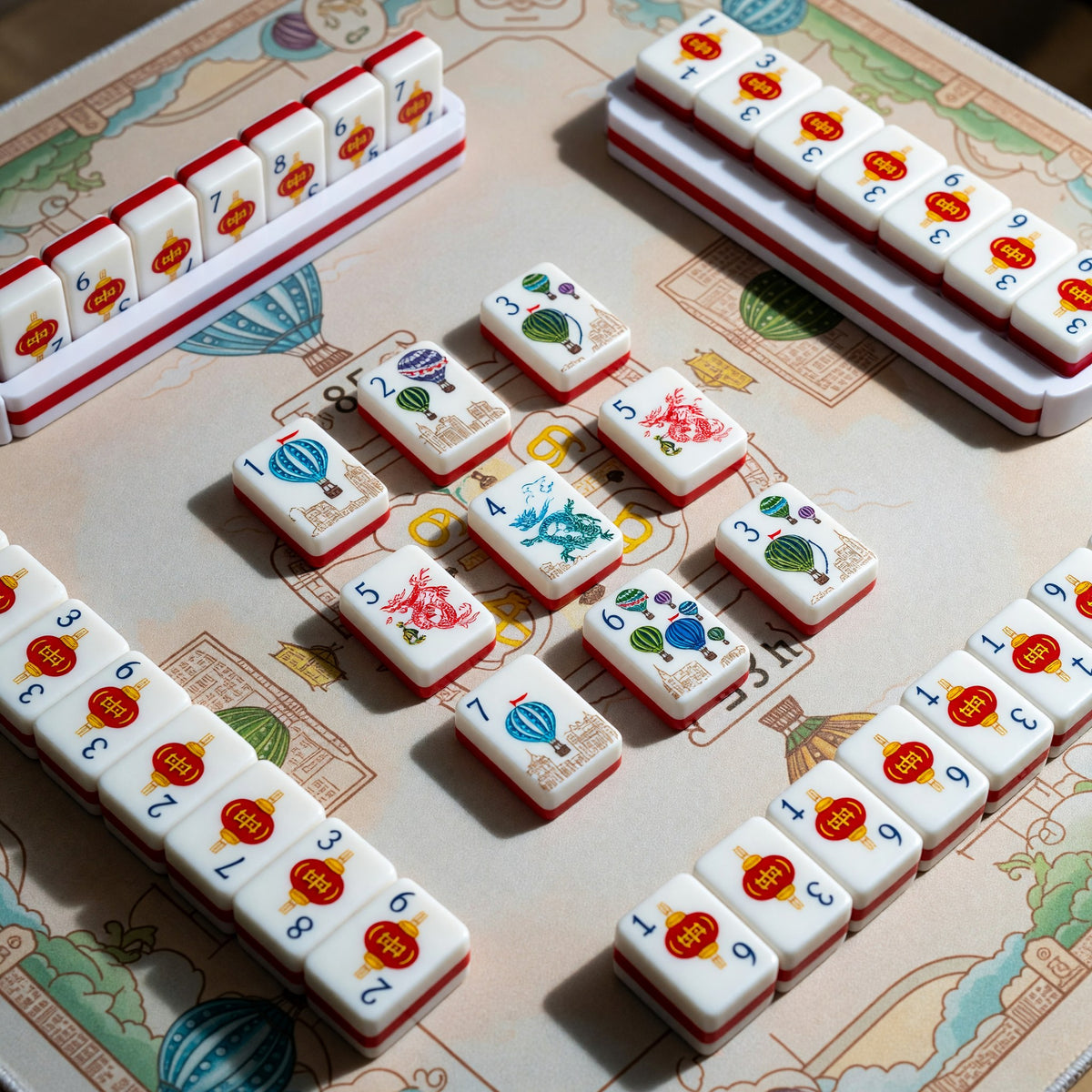 American Mahjong Set – Hot Air Balloon Cityscape – tiles on game table
