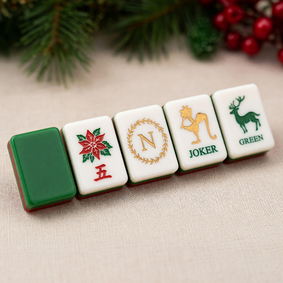 Christmas Mahjong Tiles Set – Reindeer Snowflakes Poinsettia Tree – close-up tile detail