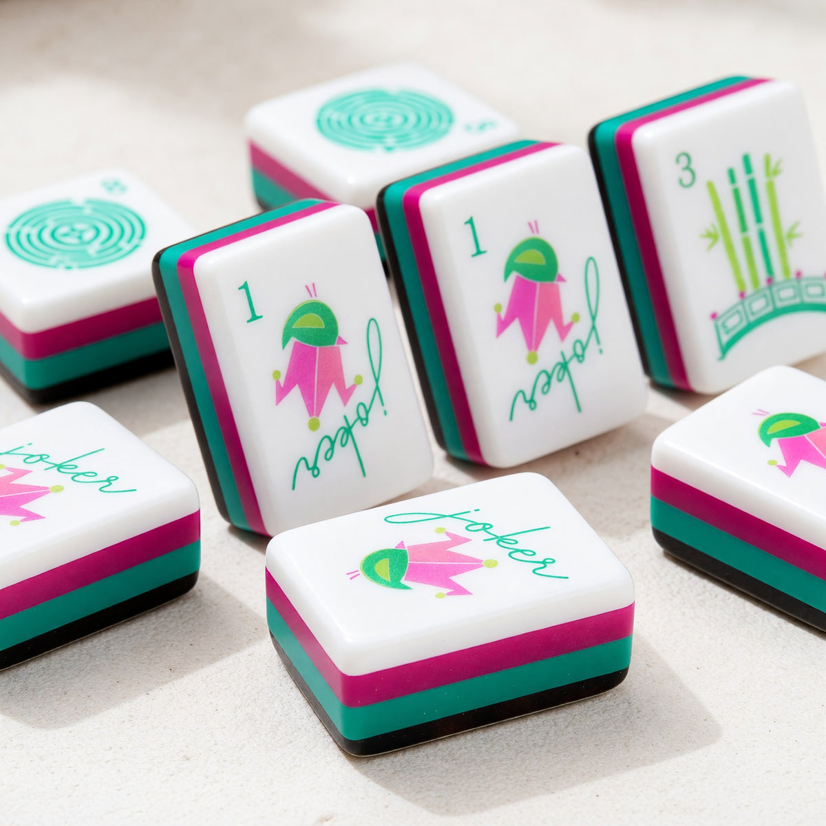 Pink Mahjong Set – Floral Bird Teal Green – close-up tile detail