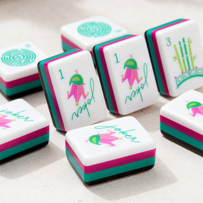 Pink Mahjong Set – Floral Bird Teal Green – close-up tile detail